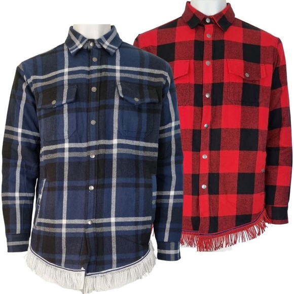 Men's Flannel Fleece Lined Shirt Jacket with Fringes! Red XL - Picture 2 of 2